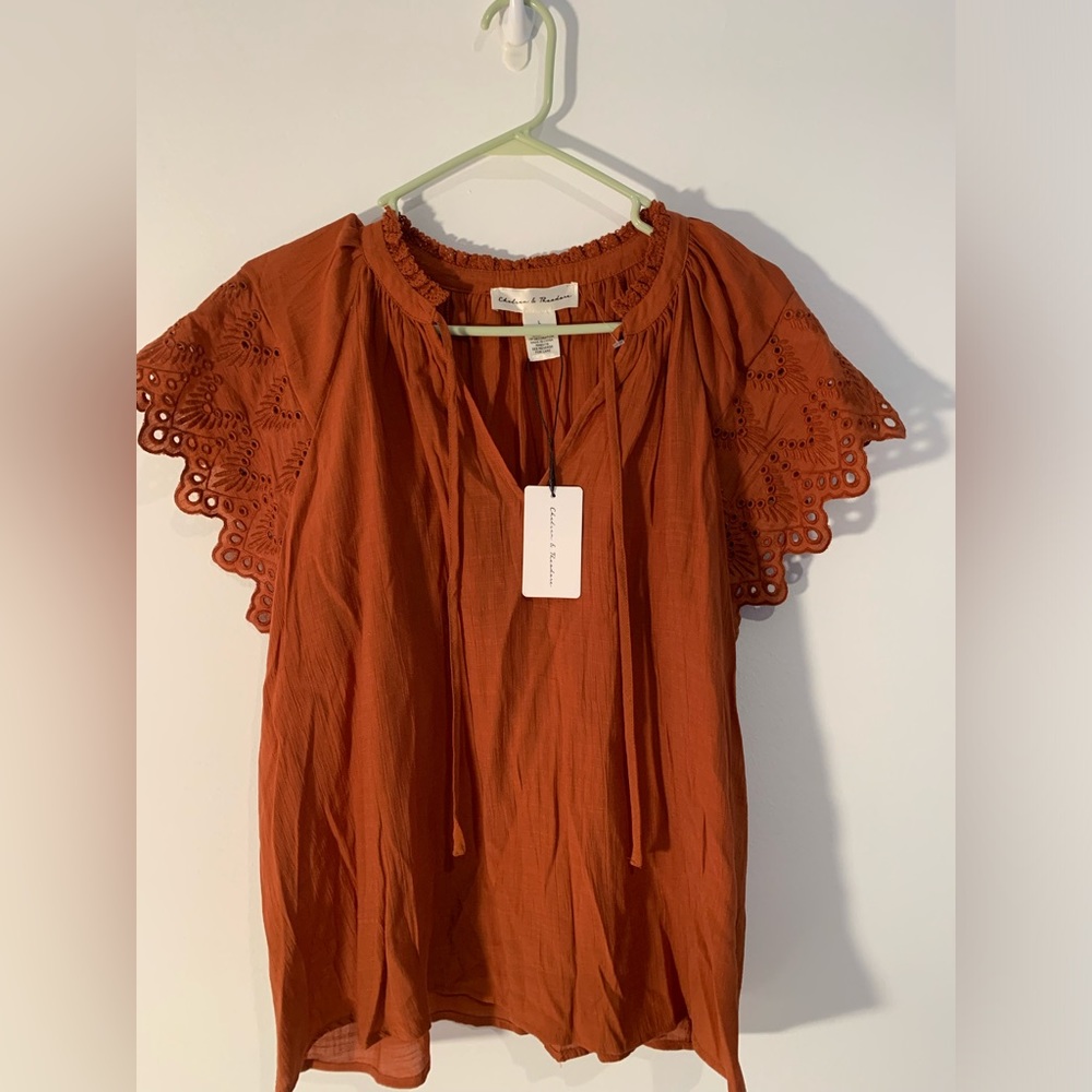 Chelsea & Theodore Large NWT Rust Color Scalloped Short Sleeve VNeck Casual